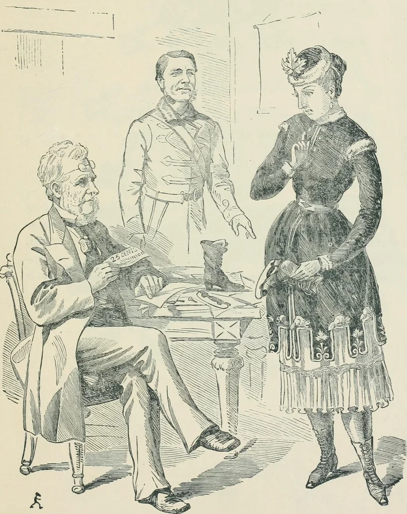 An illustration from A caricature history of Canadian politics : events from the union of 1841, as illustrated by cartoons from "Grip", and various other sources, 1886, leaf 144