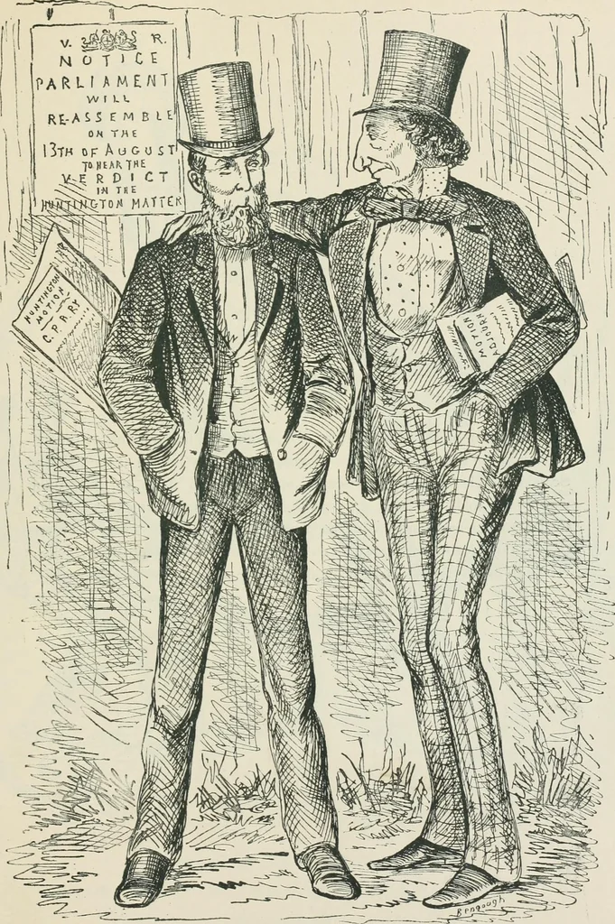 An illustration from A caricature history of Canadian politics : events from the union of 1841, as illustrated by cartoons from "Grip", and various other sources, 1886, leaf 158