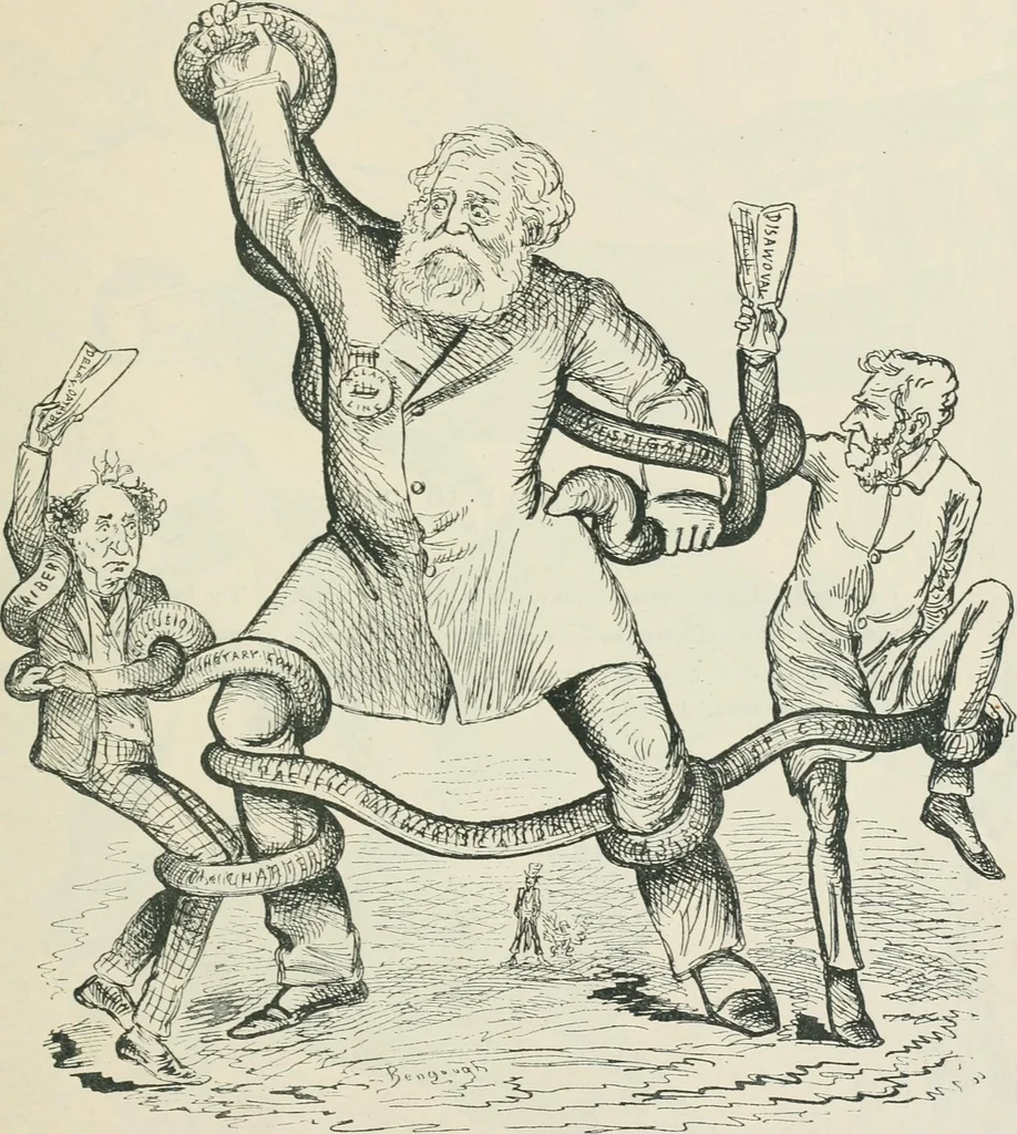 An illustration from A caricature history of Canadian politics : events from the union of 1841, as illustrated by cartoons from "Grip", and various other sources, 1886, leaf 160