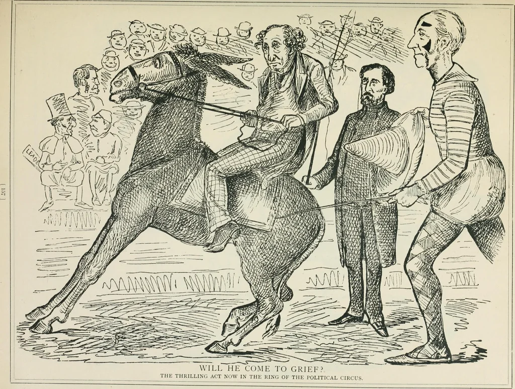 An illustration from A caricature history of Canadian politics : events from the union of 1841, as illustrated by cartoons from "Grip", and various other sources, 1886, leaf 162