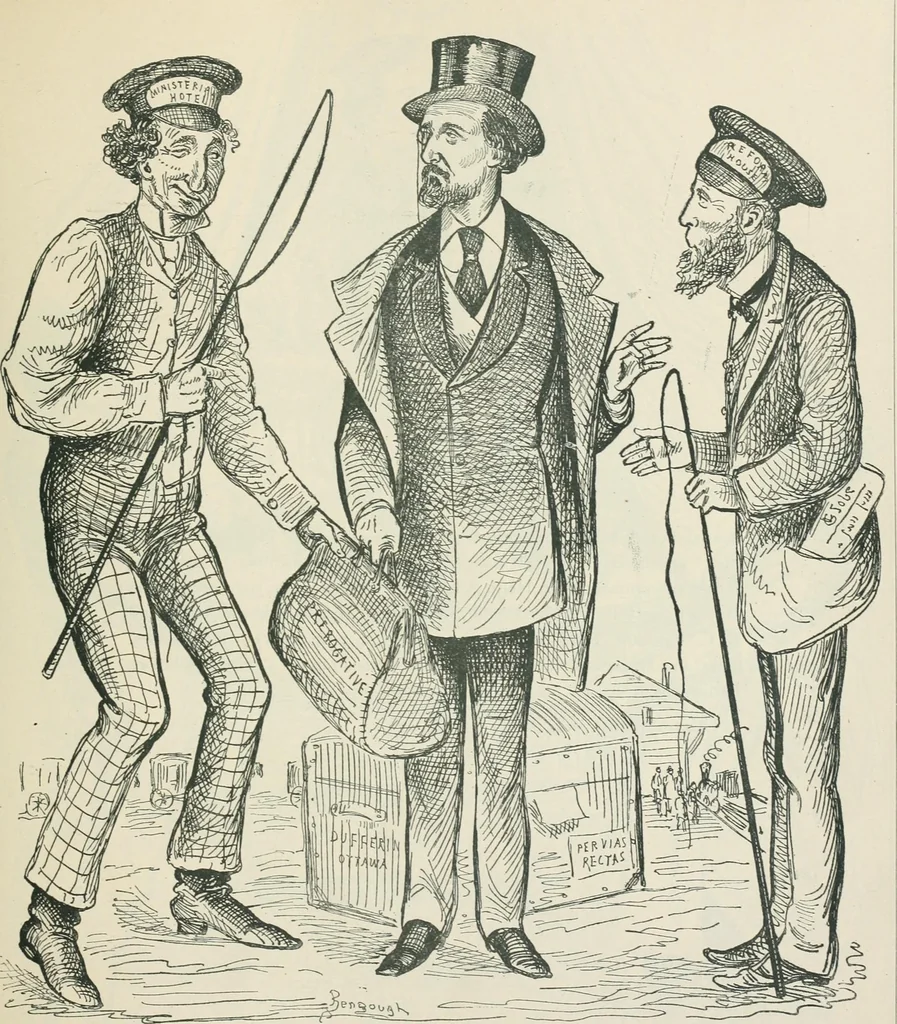 An illustration from A caricature history of Canadian politics : events from the union of 1841, as illustrated by cartoons from "Grip", and various other sources, 1886, leaf 164