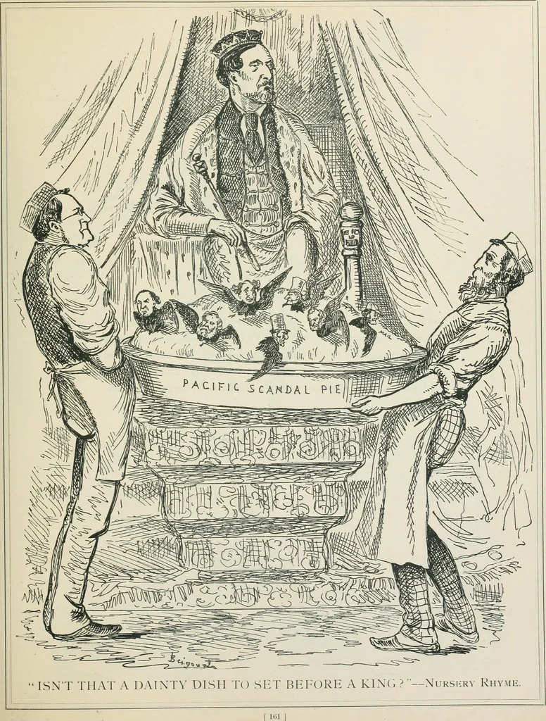 An illustration from A caricature history of Canadian politics : events from the union of 1841, as illustrated by cartoons from "Grip", and various other sources, 1886, leaf 166