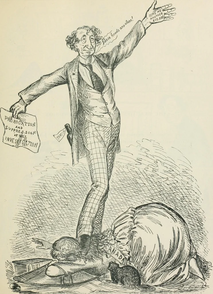An illustration from A caricature history of Canadian politics : events from the union of 1841, as illustrated by cartoons from "Grip", and various other sources, 1886, leaf 168