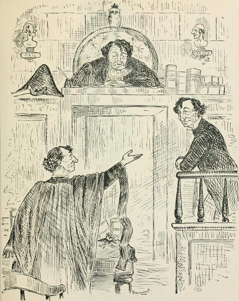 An illustration from A caricature history of Canadian politics : events from the union of 1841, as illustrated by cartoons from "Grip", and various other sources, 1886, leaf 170