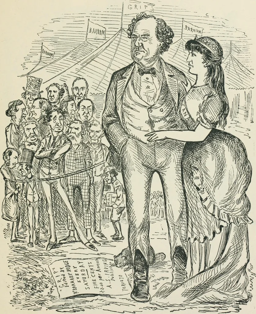 An illustration from A caricature history of Canadian politics : events from the union of 1841, as illustrated by cartoons from "Grip", and various other sources, 1886, leaf 174