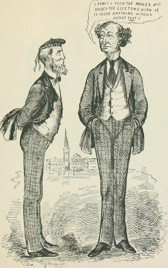 An illustration from A caricature history of Canadian politics : events from the union of 1841, as illustrated by cartoons from "Grip", and various other sources, 1886, leaf 178