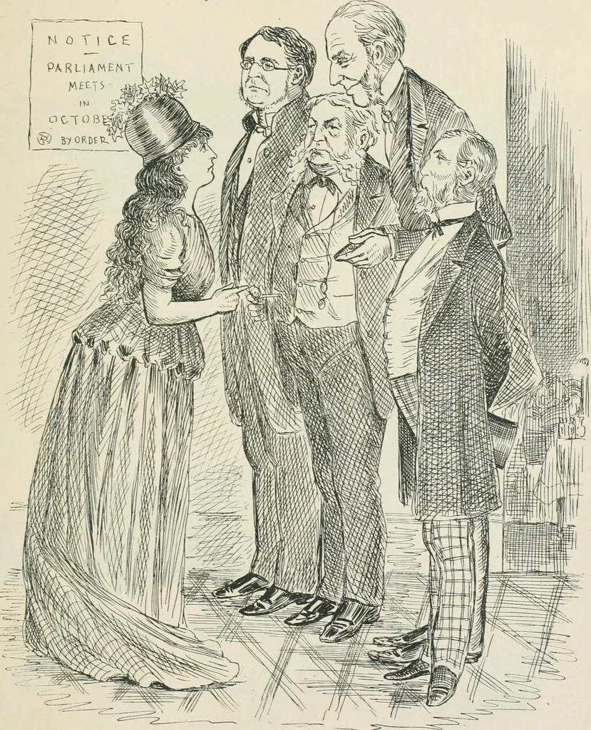 An illustration from A caricature history of Canadian politics : events from the union of 1841, as illustrated by cartoons from "Grip", and various other sources, 1886, leaf 180