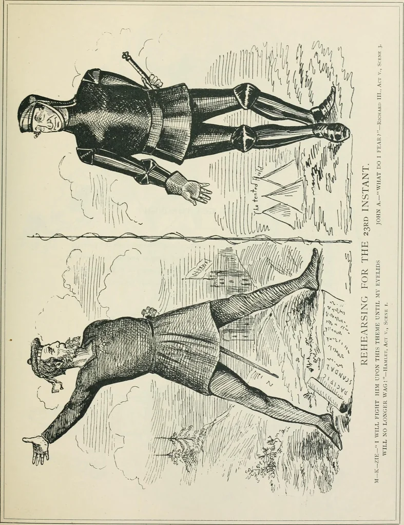 An illustration from A caricature history of Canadian politics : events from the union of 1841, as illustrated by cartoons from "Grip", and various other sources, 1886, leaf 182
