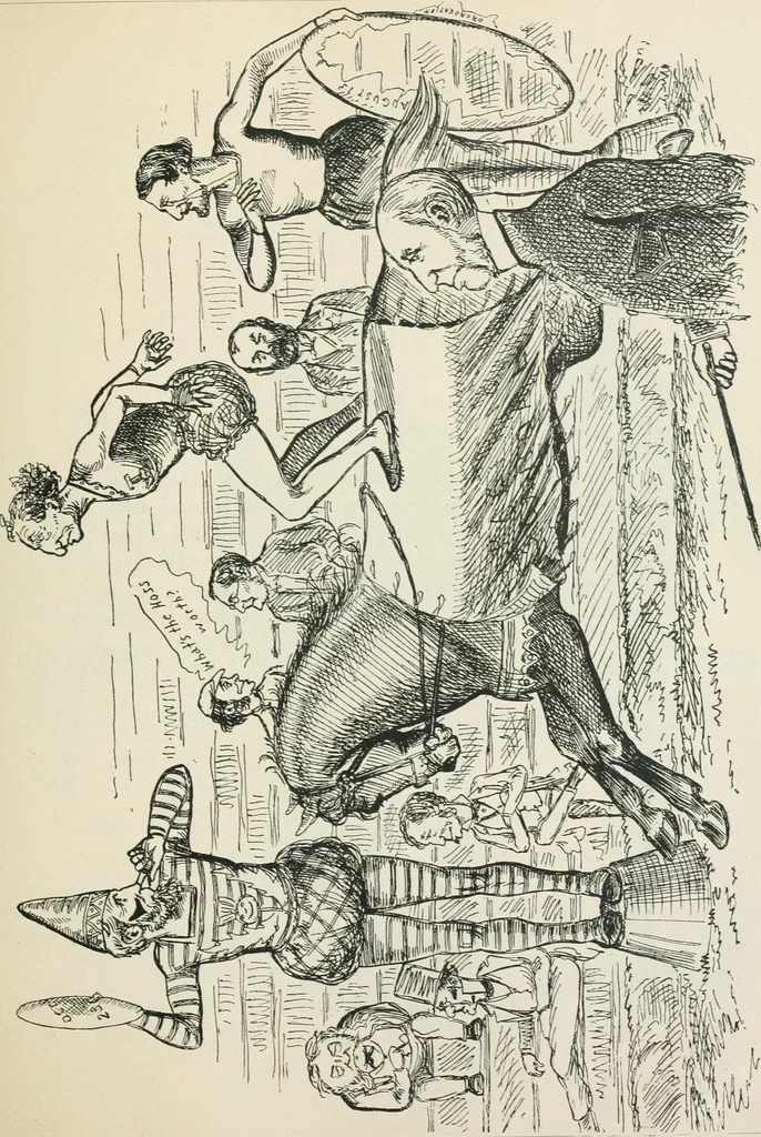 An illustration from A caricature history of Canadian politics : events from the union of 1841, as illustrated by cartoons from "Grip", and various other sources, 1886, leaf 184