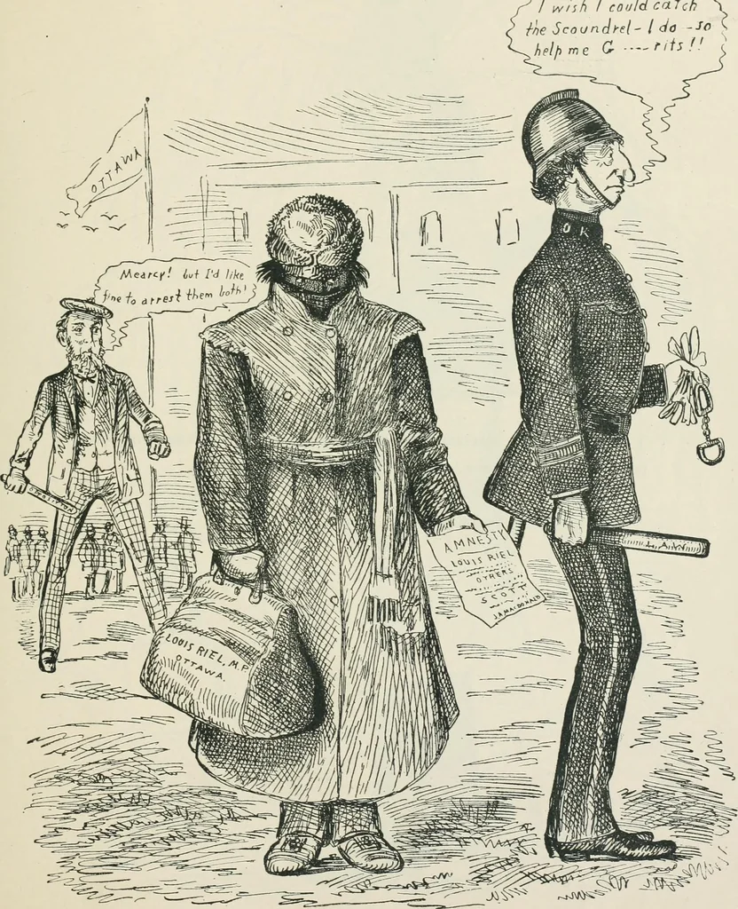 An illustration from A caricature history of Canadian politics : events from the union of 1841, as illustrated by cartoons from "Grip", and various other sources, 1886, leaf 186