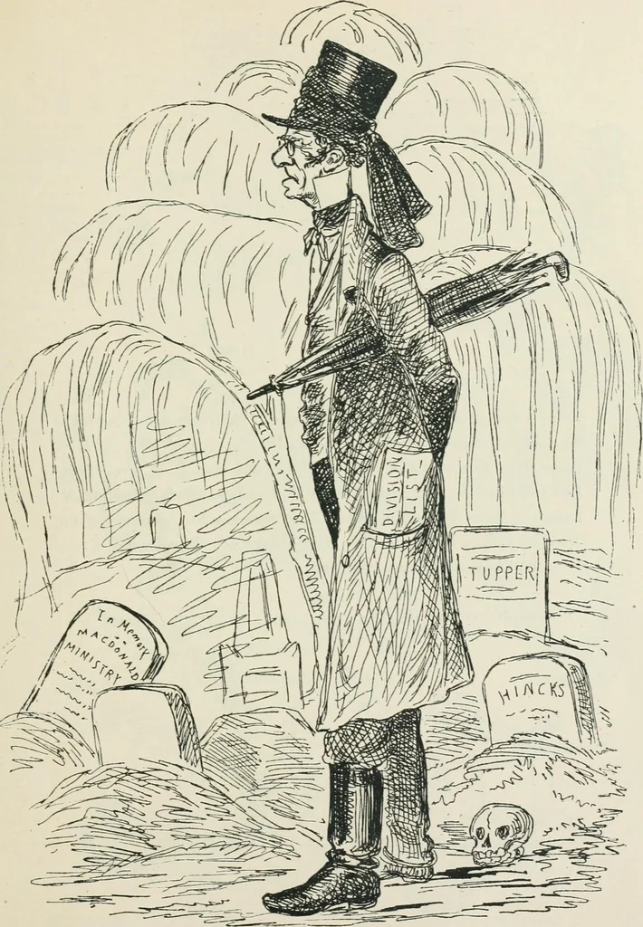 An illustration from A caricature history of Canadian politics : events from the union of 1841, as illustrated by cartoons from "Grip", and various other sources, 1886, leaf 188