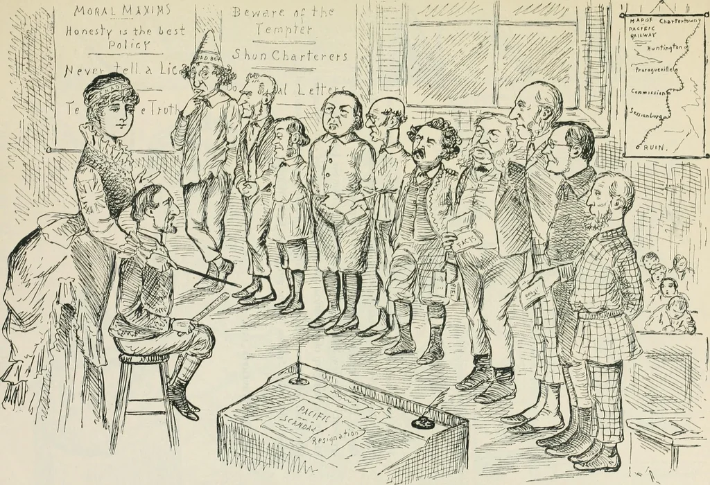 An illustration from A caricature history of Canadian politics : events from the union of 1841, as illustrated by cartoons from "Grip", and various other sources, 1886, leaf 190