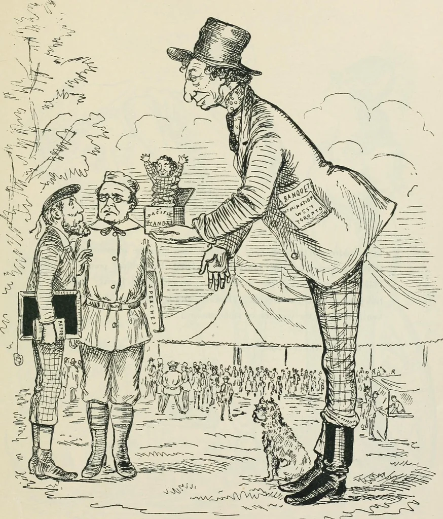 An illustration from A caricature history of Canadian politics : events from the union of 1841, as illustrated by cartoons from "Grip", and various other sources, 1886, leaf 194