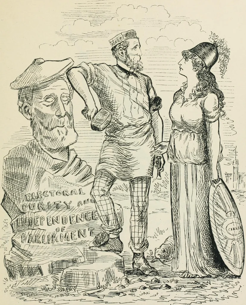 An illustration from A caricature history of Canadian politics : events from the union of 1841, as illustrated by cartoons from "Grip", and various other sources, 1886, leaf 196