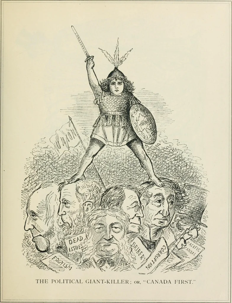 An illustration from A caricature history of Canadian politics : events from the union of 1841, as illustrated by cartoons from "Grip", and various other sources, 1886, leaf 198