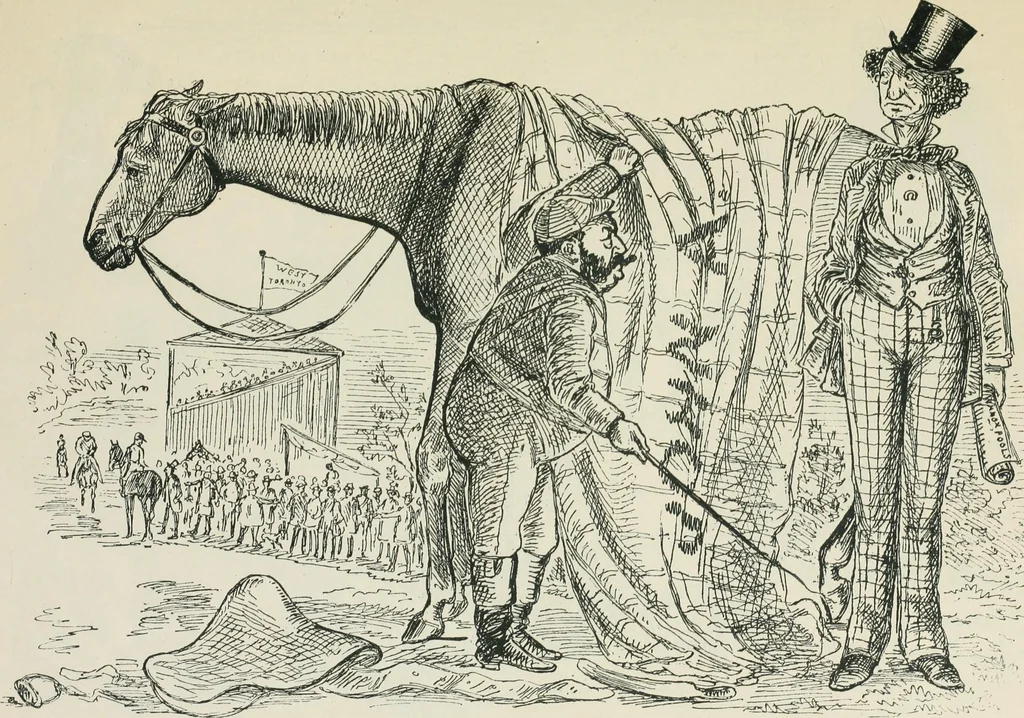 An illustration from A caricature history of Canadian politics : events from the union of 1841, as illustrated by cartoons from "Grip", and various other sources, 1886, leaf 200