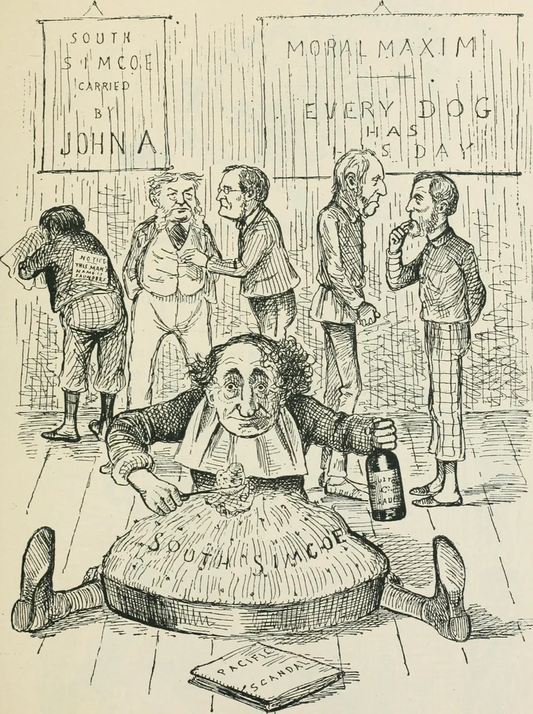 An illustration from A caricature history of Canadian politics : events from the union of 1841, as illustrated by cartoons from "Grip", and various other sources, 1886, leaf 204