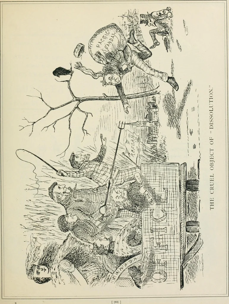 An illustration from A caricature history of Canadian politics : events from the union of 1841, as illustrated by cartoons from "Grip", and various other sources, 1886, leaf 206