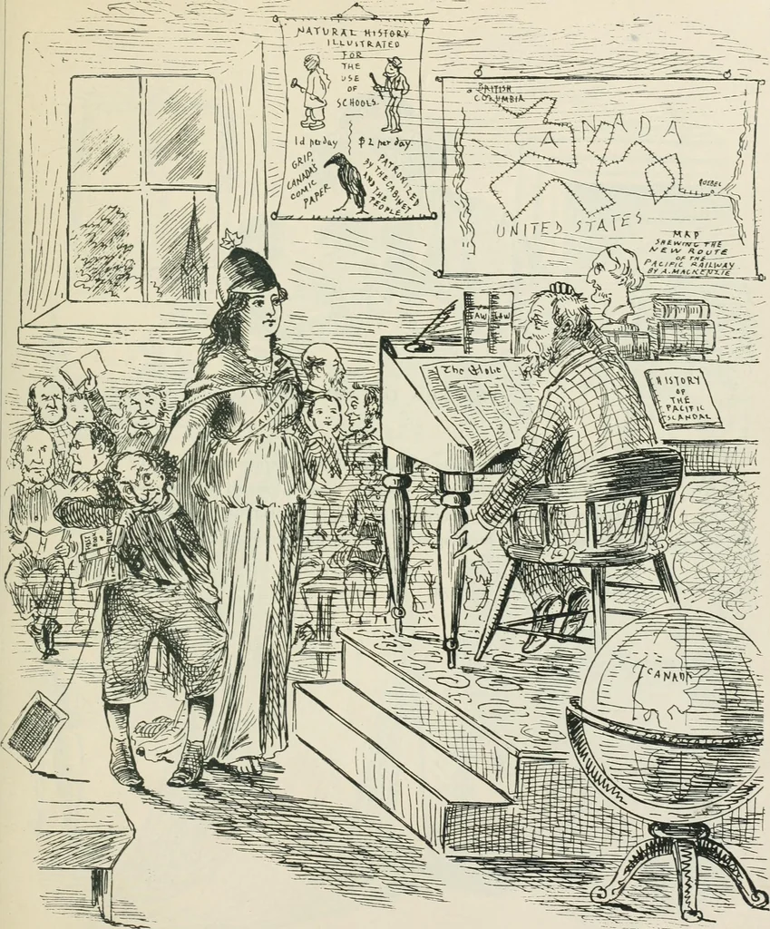 An illustration from A caricature history of Canadian politics : events from the union of 1841, as illustrated by cartoons from "Grip", and various other sources, 1886, leaf 210