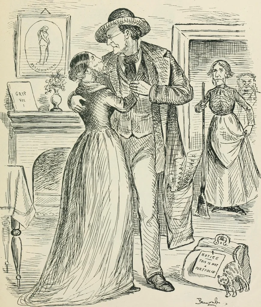 An illustration from A caricature history of Canadian politics : events from the union of 1841, as illustrated by cartoons from "Grip", and various other sources, 1886, leaf 212