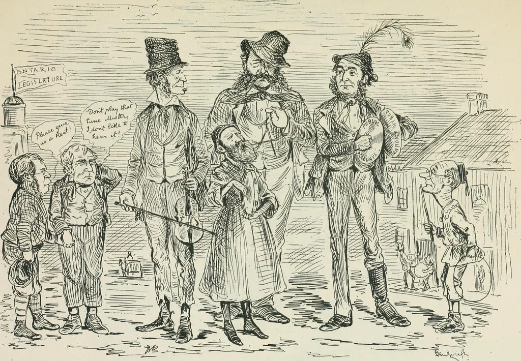 An illustration from A caricature history of Canadian politics : events from the union of 1841, as illustrated by cartoons from "Grip", and various other sources, 1886, leaf 216