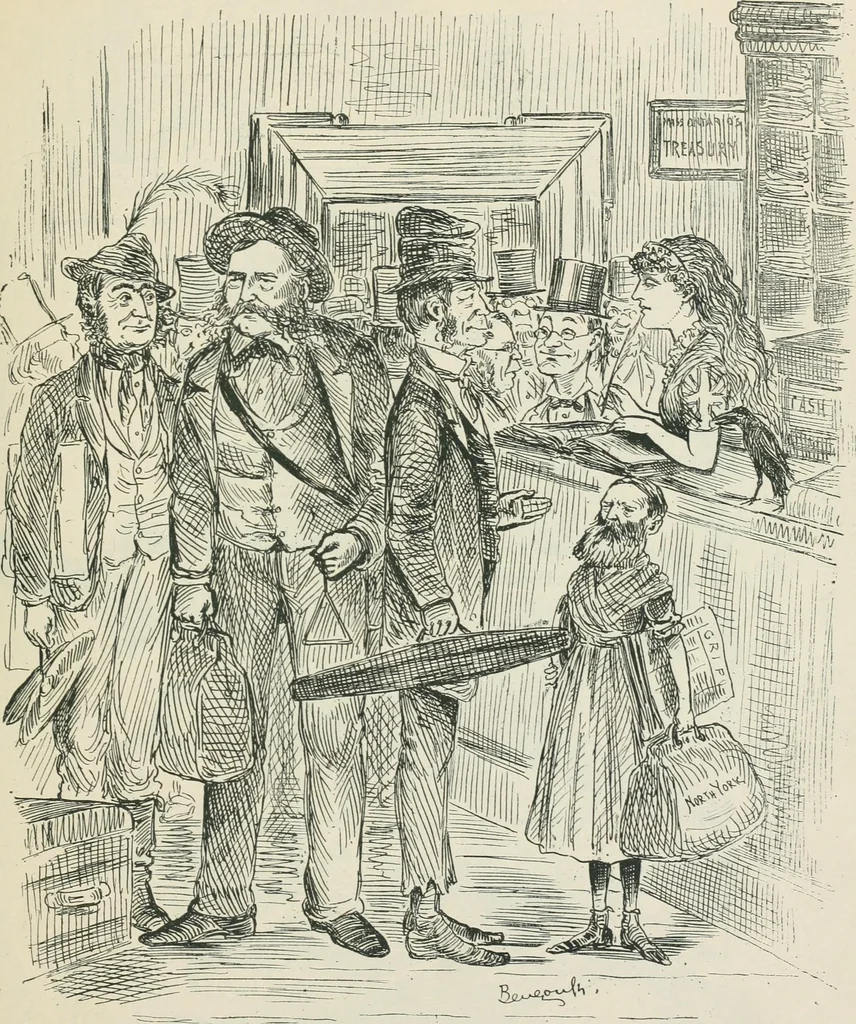 An illustration from A caricature history of Canadian politics : events from the union of 1841, as illustrated by cartoons from "Grip", and various other sources, 1886, leaf 218