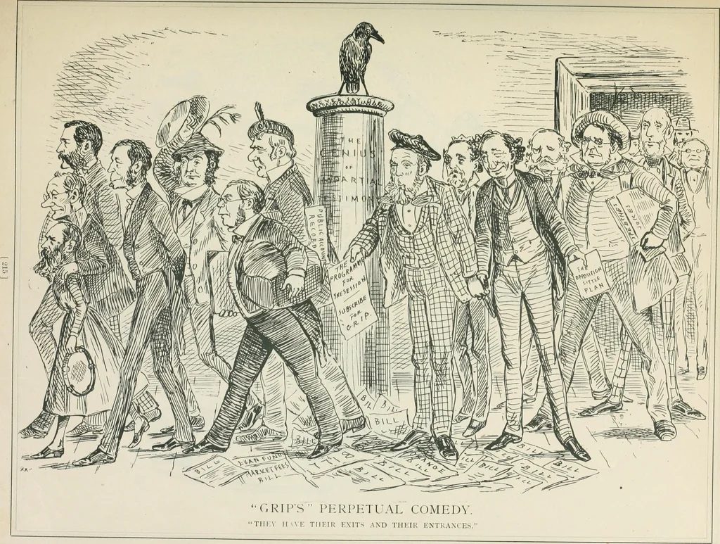 An illustration from A caricature history of Canadian politics : events from the union of 1841, as illustrated by cartoons from "Grip", and various other sources, 1886, leaf 220