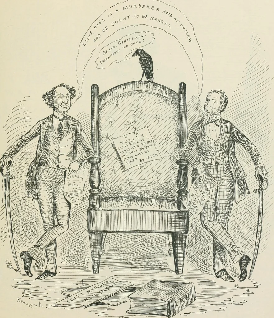 An illustration from A caricature history of Canadian politics : events from the union of 1841, as illustrated by cartoons from "Grip", and various other sources, 1886, leaf 222