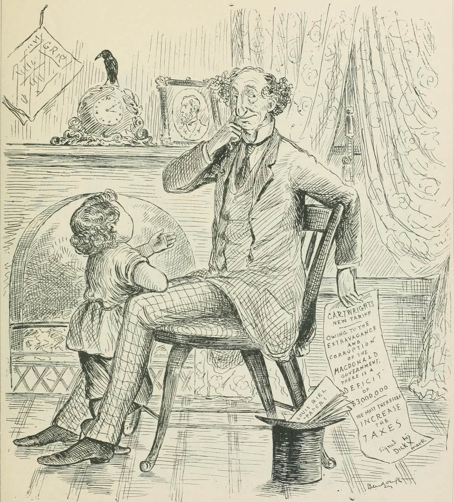 An illustration from A caricature history of Canadian politics : events from the union of 1841, as illustrated by cartoons from "Grip", and various other sources, 1886, leaf 226