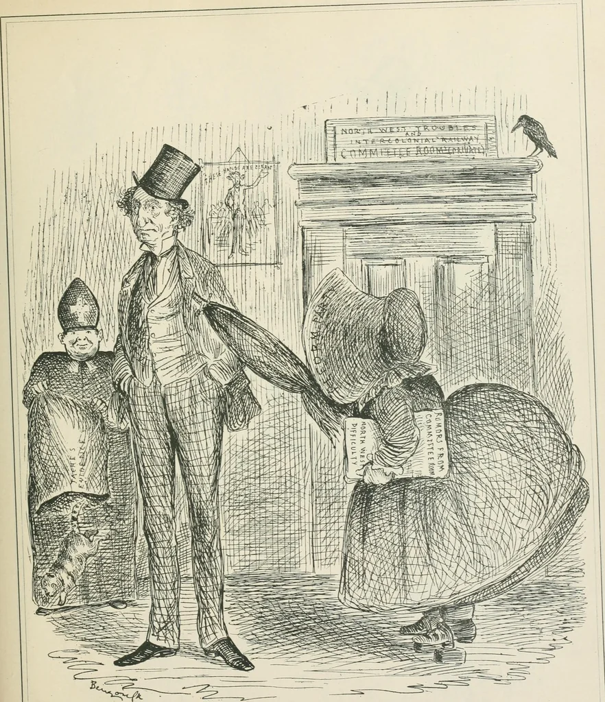 An illustration from A caricature history of Canadian politics : events from the union of 1841, as illustrated by cartoons from "Grip", and various other sources, 1886, leaf 228