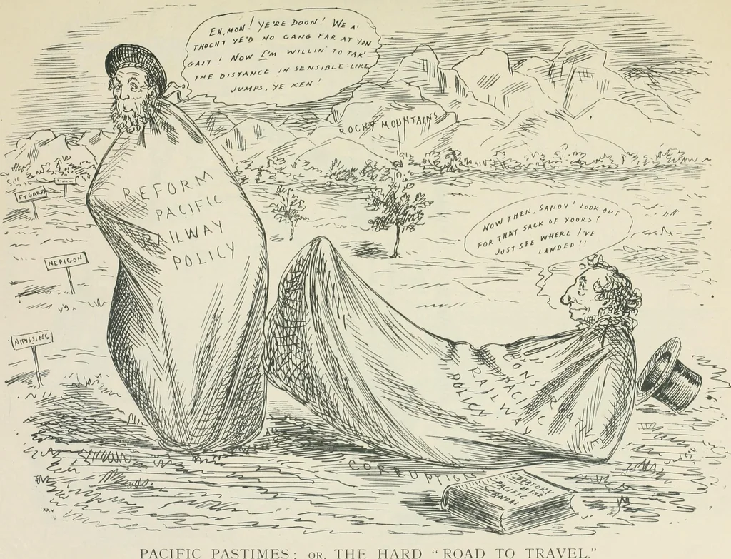 An illustration from A caricature history of Canadian politics : events from the union of 1841, as illustrated by cartoons from "Grip", and various other sources, 1886, leaf 230