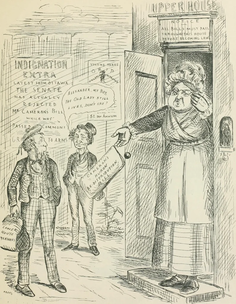 An illustration from A caricature history of Canadian politics : events from the union of 1841, as illustrated by cartoons from "Grip", and various other sources, 1886, leaf 232
