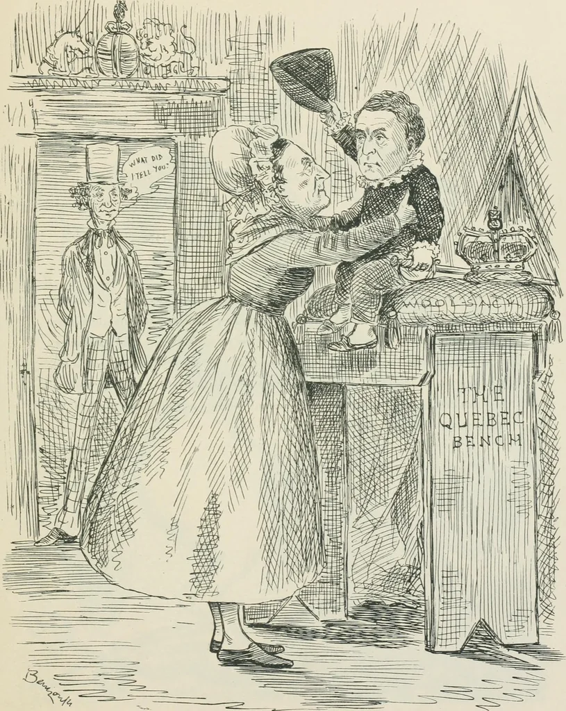 An illustration from A caricature history of Canadian politics : events from the union of 1841, as illustrated by cartoons from "Grip", and various other sources, 1886, leaf 234
