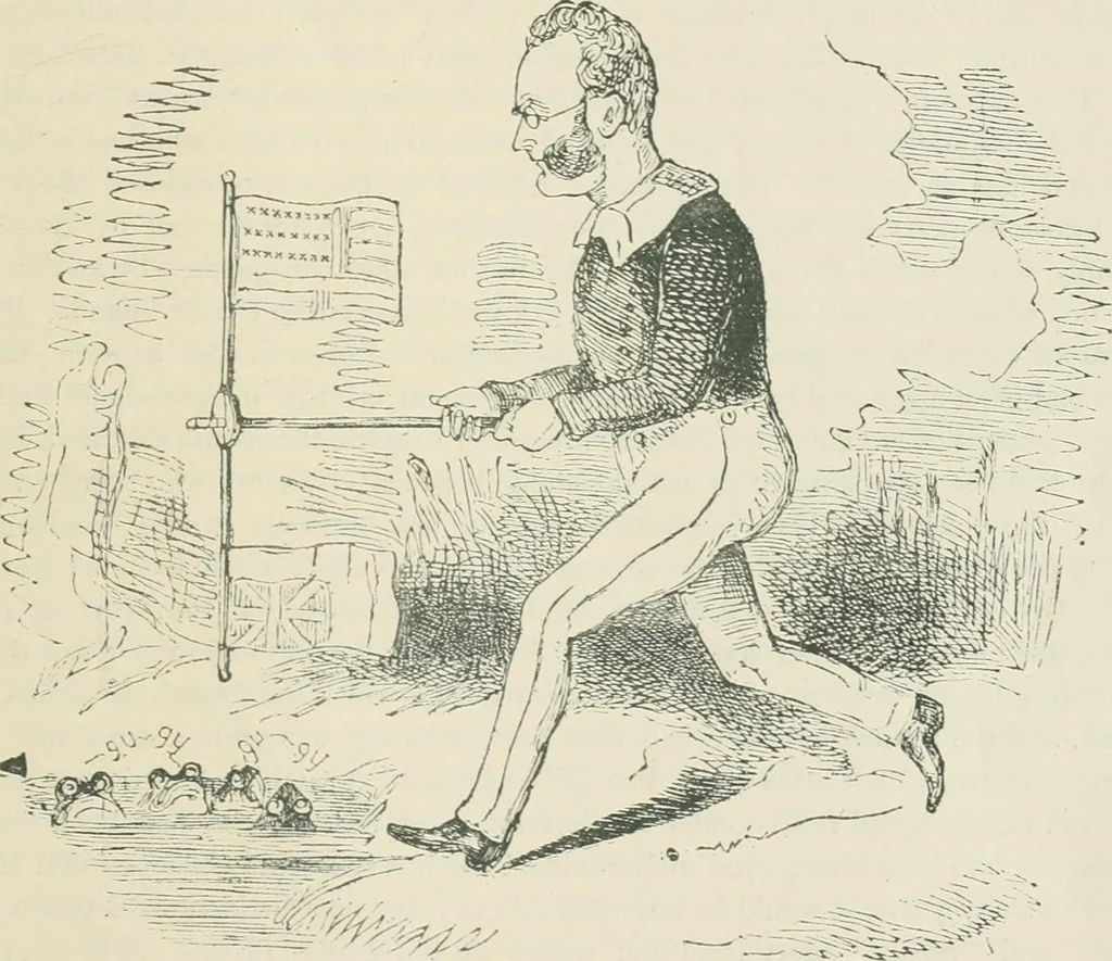 An illustration from A caricature history of Canadian politics : events from the union of 1841, as illustrated by cartoons from "Grip", and various other sources, 1886, leaf 24