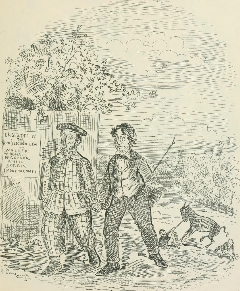 An illustration from A caricature history of Canadian politics : events from the union of 1841, as illustrated by cartoons from "Grip", and various other sources, 1886, leaf 240