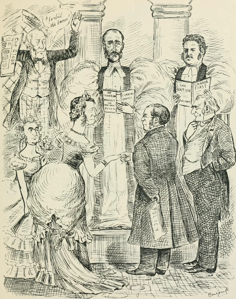 An illustration from A caricature history of Canadian politics : events from the union of 1841, as illustrated by cartoons from "Grip", and various other sources, 1886, leaf 242