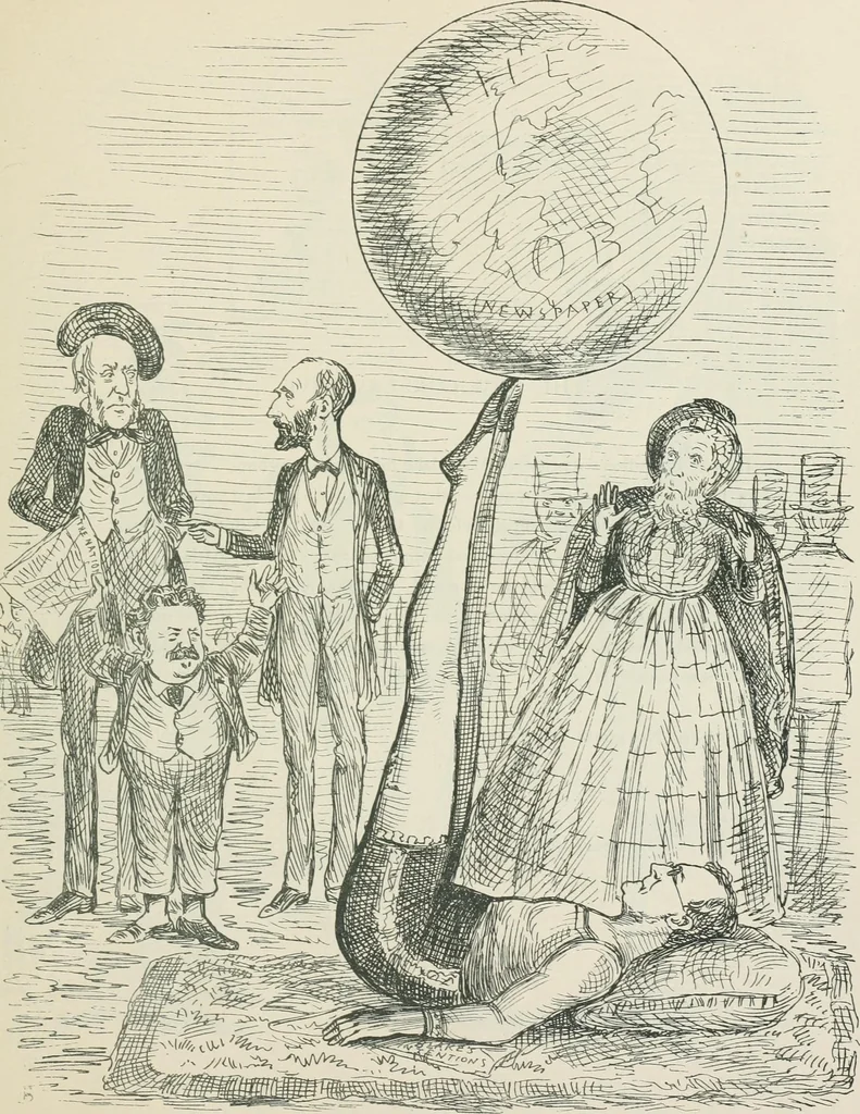 An illustration from A caricature history of Canadian politics : events from the union of 1841, as illustrated by cartoons from "Grip", and various other sources, 1886, leaf 244