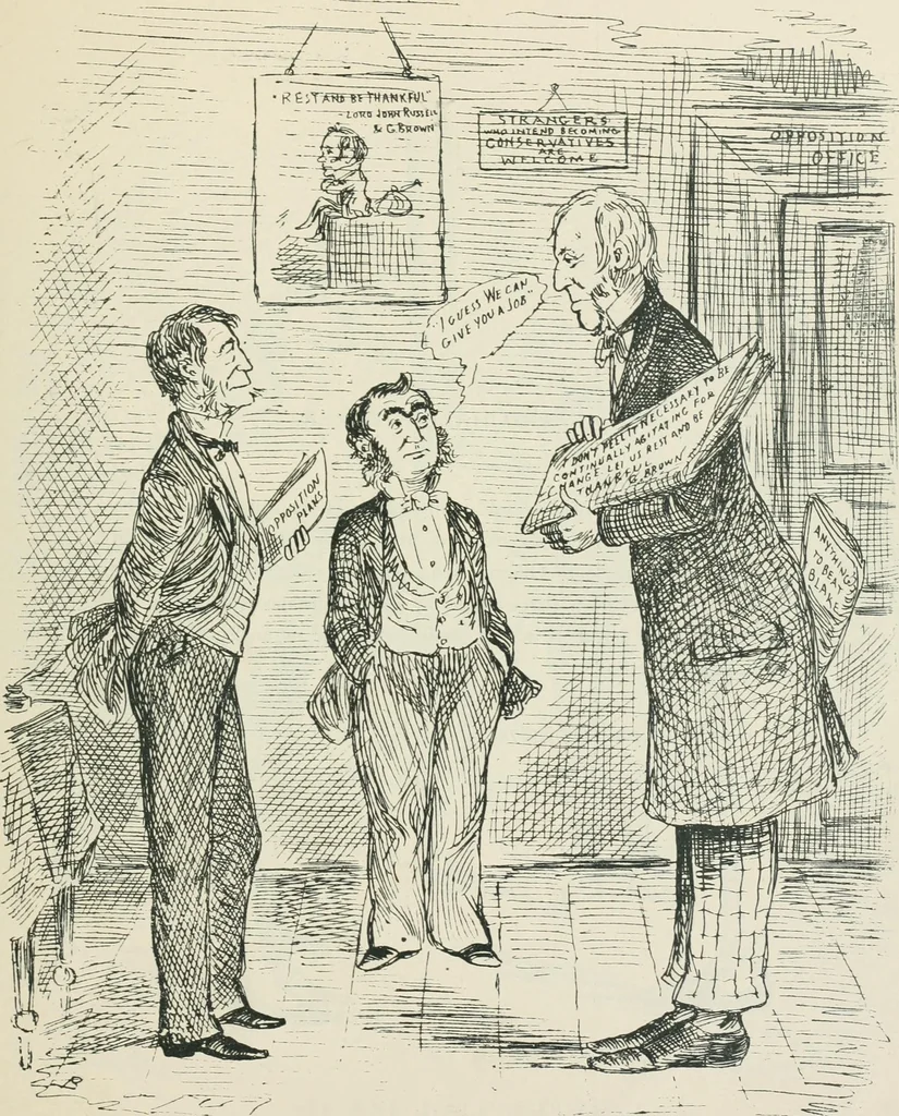 An illustration from A caricature history of Canadian politics : events from the union of 1841, as illustrated by cartoons from "Grip", and various other sources, 1886, leaf 246