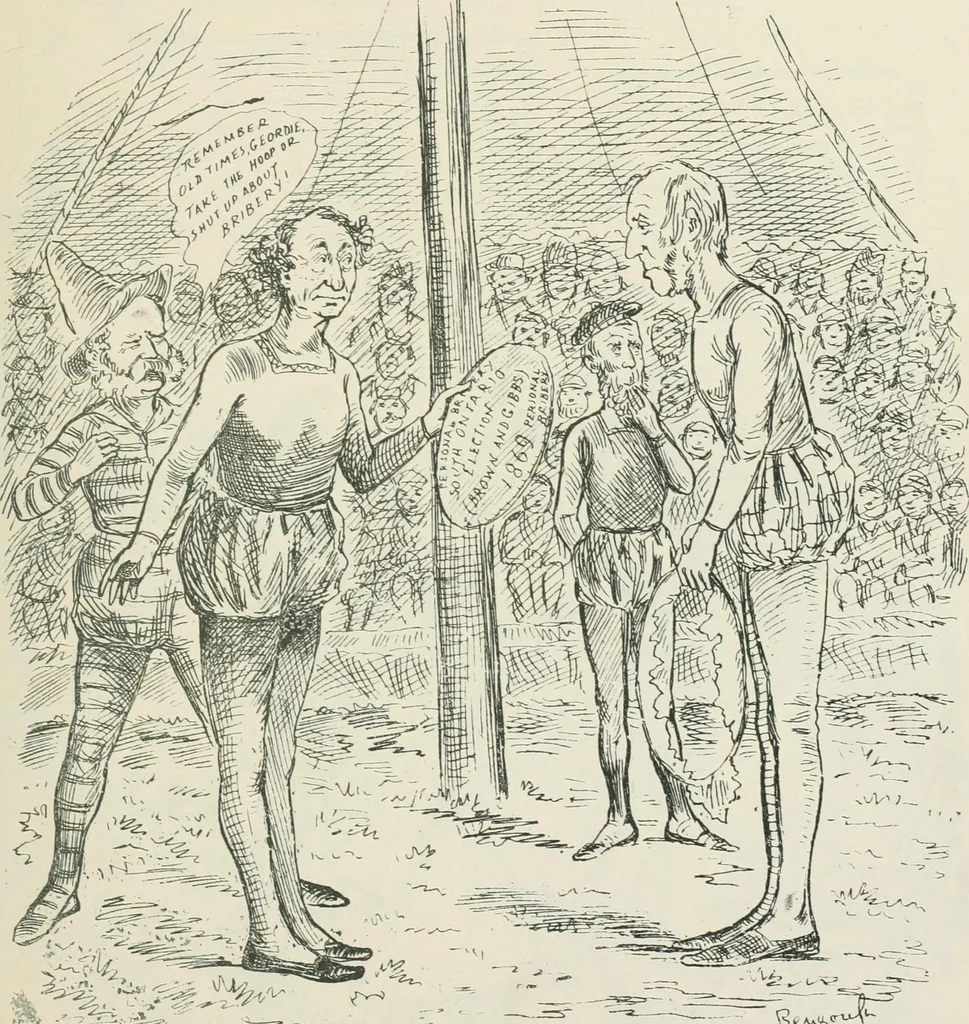 An illustration from A caricature history of Canadian politics : events from the union of 1841, as illustrated by cartoons from "Grip", and various other sources, 1886, leaf 248