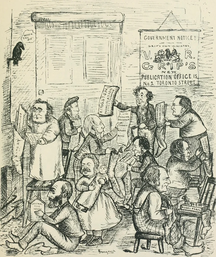 An illustration from A caricature history of Canadian politics : events from the union of 1841, as illustrated by cartoons from "Grip", and various other sources, 1886, leaf 250