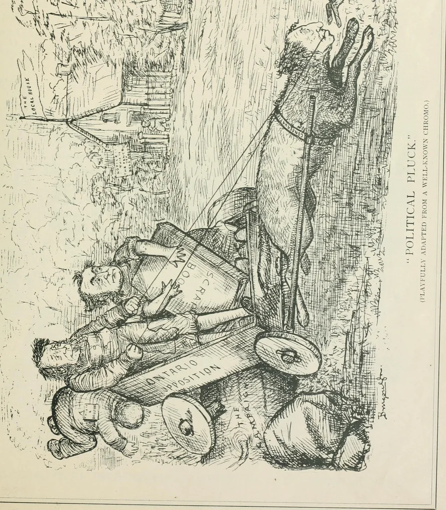 An illustration from A caricature history of Canadian politics : events from the union of 1841, as illustrated by cartoons from "Grip", and various other sources, 1886, leaf 252