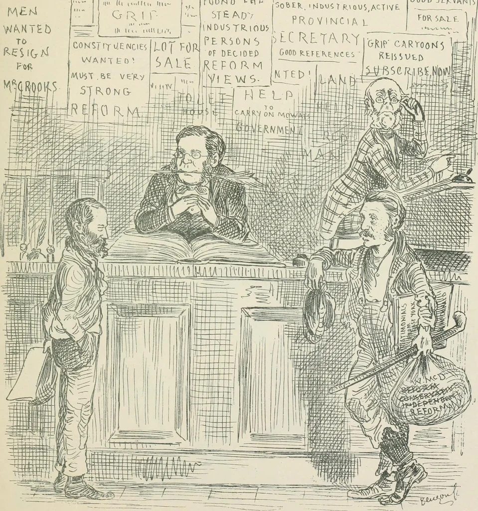 An illustration from A caricature history of Canadian politics : events from the union of 1841, as illustrated by cartoons from "Grip", and various other sources, 1886, leaf 254