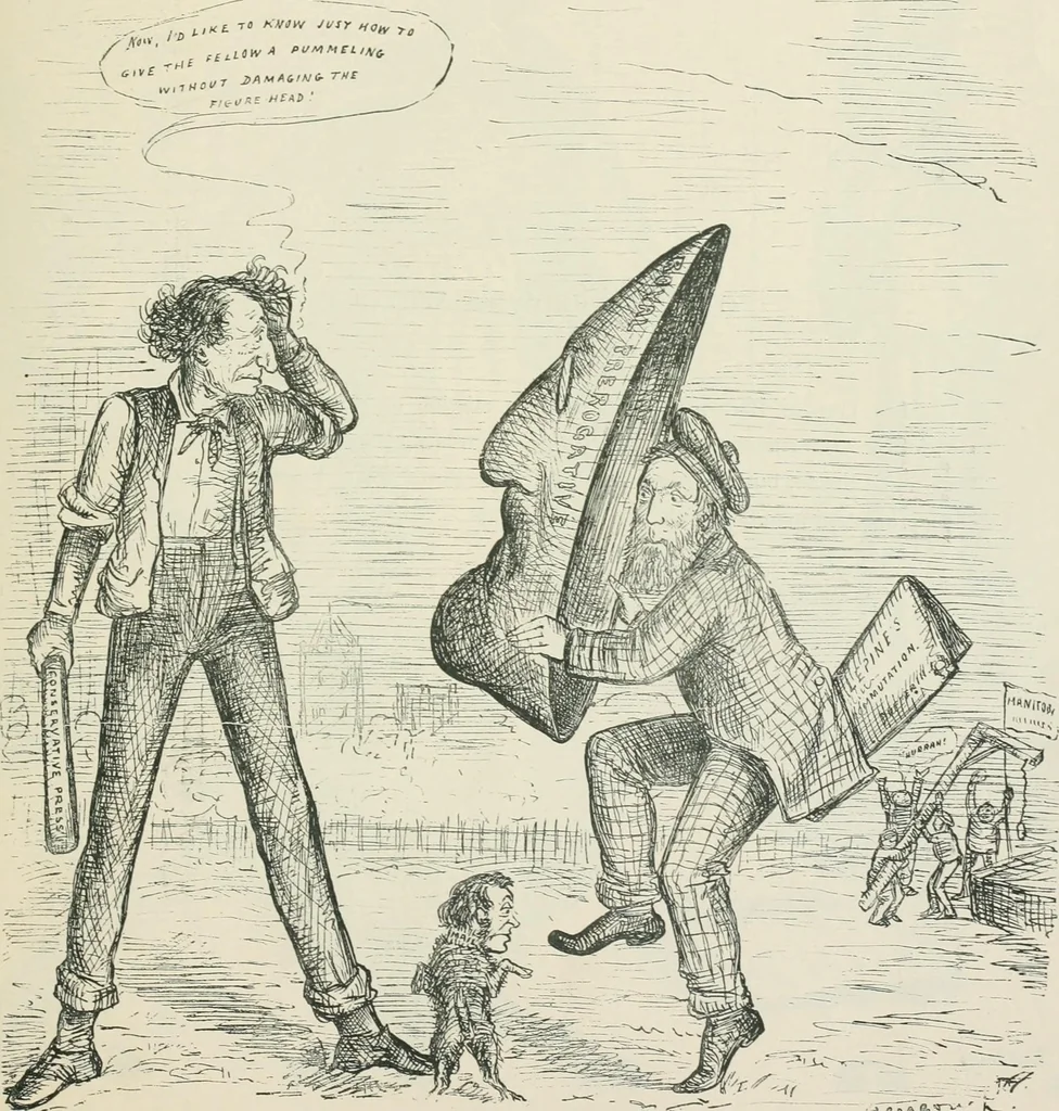 An illustration from A caricature history of Canadian politics : events from the union of 1841, as illustrated by cartoons from "Grip", and various other sources, 1886, leaf 256