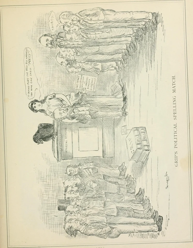 An illustration from A caricature history of Canadian politics : events from the union of 1841, as illustrated by cartoons from "Grip", and various other sources, 1886, leaf 266