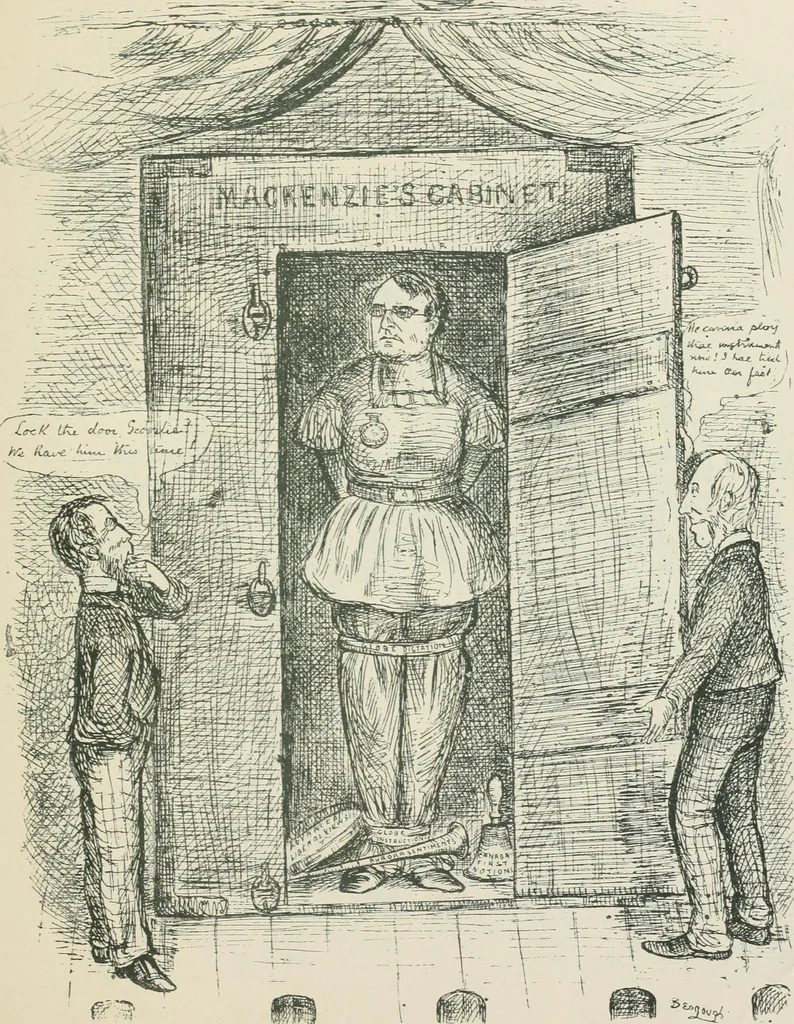 An illustration from A caricature history of Canadian politics : events from the union of 1841, as illustrated by cartoons from "Grip", and various other sources, 1886, leaf 272