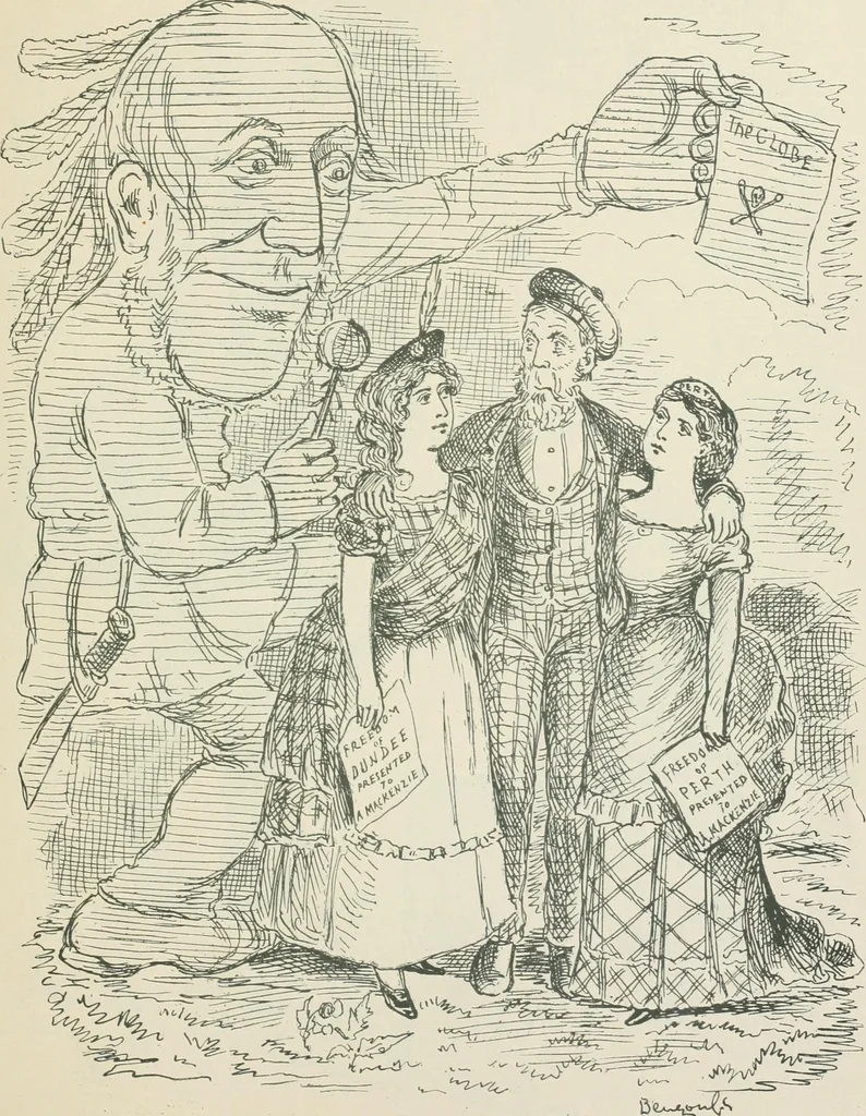 An illustration from A caricature history of Canadian politics : events from the union of 1841, as illustrated by cartoons from "Grip", and various other sources, 1886, leaf 274