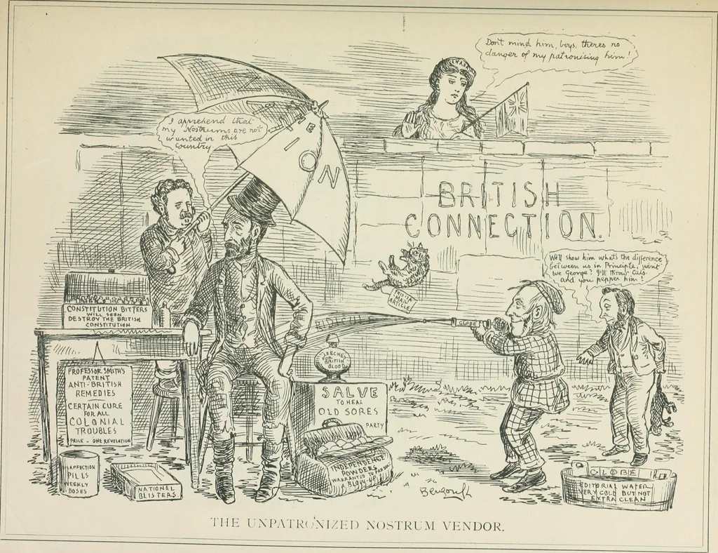 An illustration from A caricature history of Canadian politics : events from the union of 1841, as illustrated by cartoons from "Grip", and various other sources, 1886, leaf 278