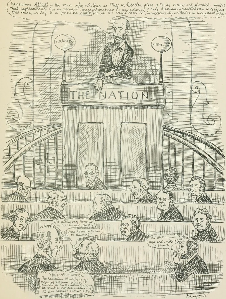 An illustration from A caricature history of Canadian politics : events from the union of 1841, as illustrated by cartoons from "Grip", and various other sources, 1886, leaf 280