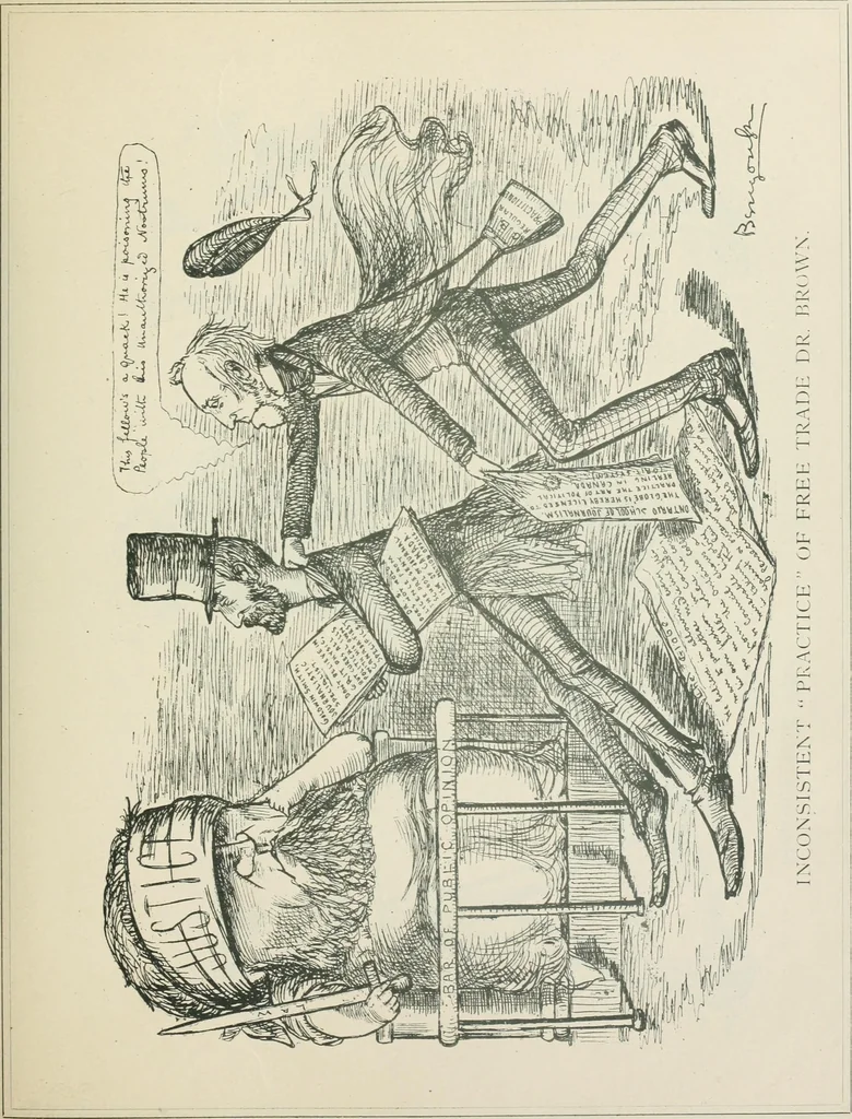 An illustration from A caricature history of Canadian politics : events from the union of 1841, as illustrated by cartoons from "Grip", and various other sources, 1886, leaf 282