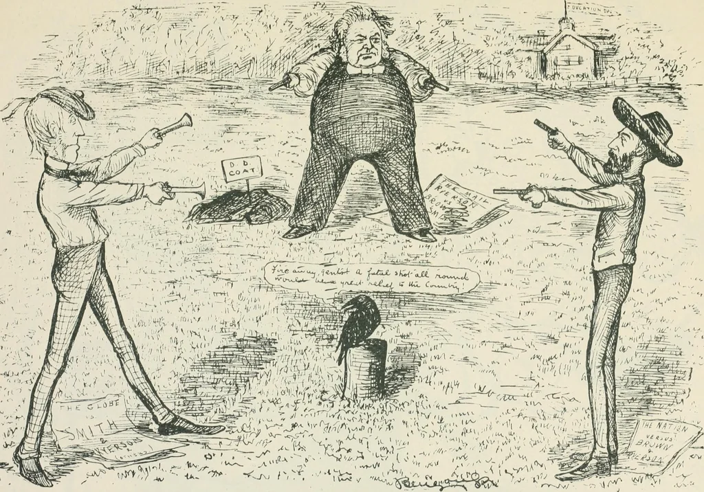 An illustration from A caricature history of Canadian politics : events from the union of 1841, as illustrated by cartoons from "Grip", and various other sources, 1886, leaf 284
